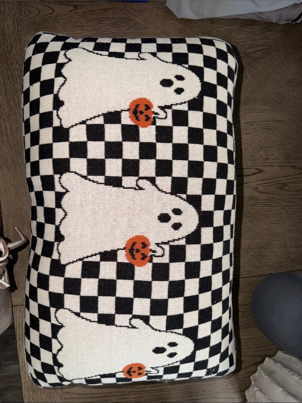 Black & White Check Ghost Decorative Pillow with Orange Pumpkin -